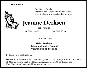 Traueranzeige von Jeanine Derksen von Tageszeitung