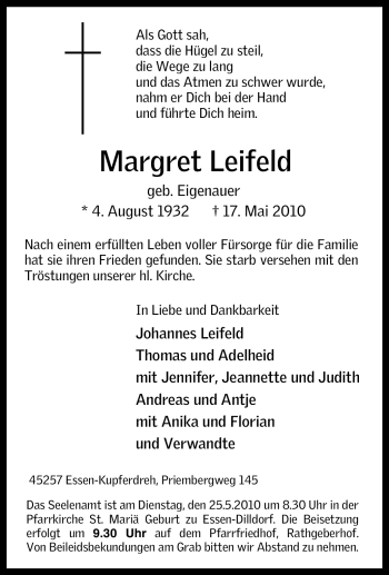 Traueranzeige von Margret Leifeld von Tageszeitung