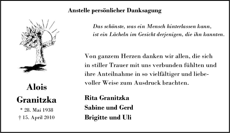  Traueranzeige für Alois Granitzka vom 29.05.2010 aus Tageszeitung