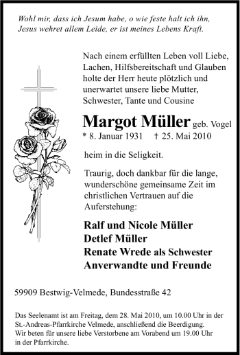 Traueranzeige von Margot Müller von Tageszeitung