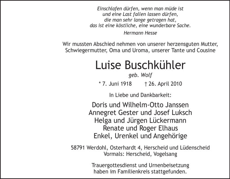  Traueranzeige für Luise Buschkühler vom 03.05.2010 aus Tageszeitung