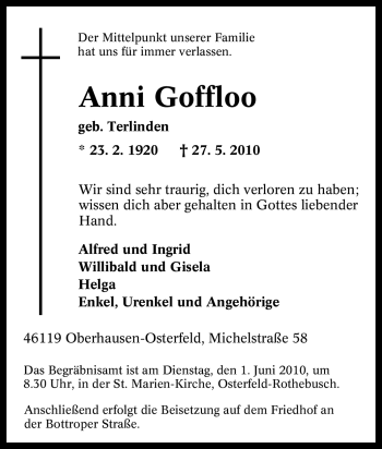 Traueranzeige von Anni Goffloo von Tageszeitung