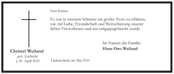 Traueranzeige von Christel Weiland von Tageszeitung