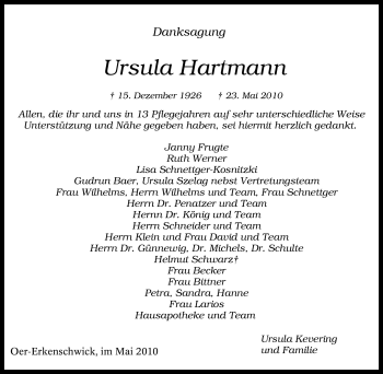 Traueranzeige von Ursula Hartmann von Tageszeitung