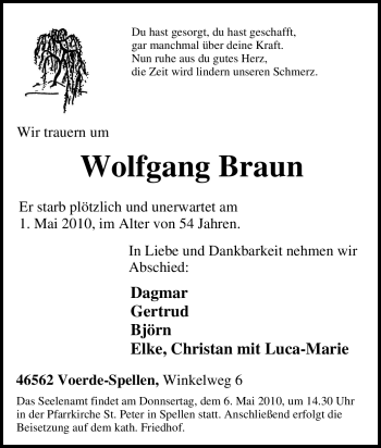 Traueranzeige von Wolfgang Braun von Tageszeitung