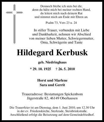 Traueranzeige von Hildegard Kerbusk von Tageszeitung