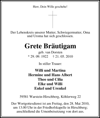 Traueranzeige von Grete Bräutigam von Tageszeitung