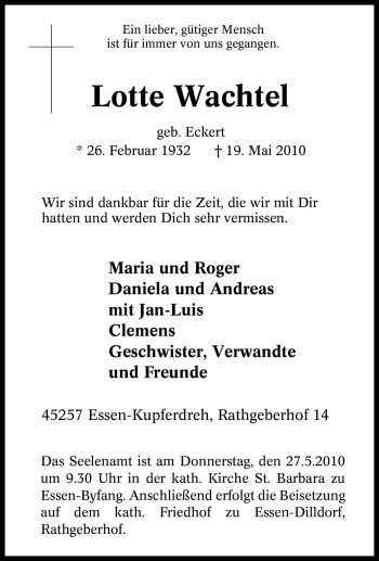 Traueranzeige von Lotte Wachtel von Tageszeitung