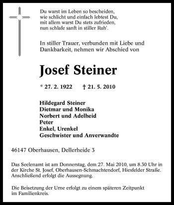 Traueranzeige von Josef Steiner von Tageszeitung