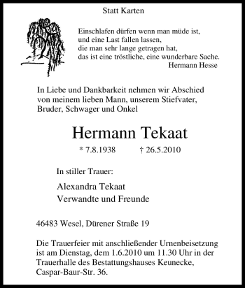 Traueranzeige von Hermann Tekaat von Tageszeitung