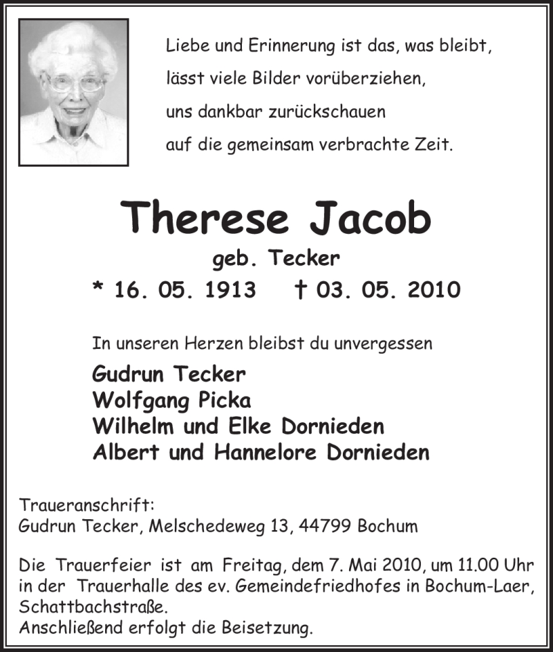  Traueranzeige für Therese Jacob vom 05.05.2010 aus Tageszeitung