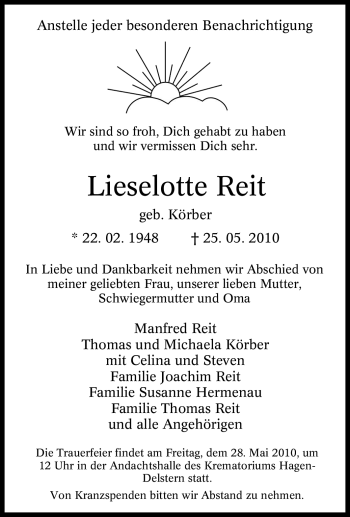 Traueranzeige von Lieselotte Reit von Tageszeitung