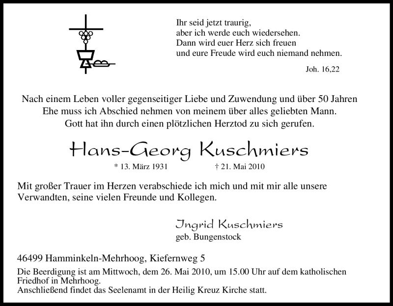  Traueranzeige für Hans-Georg Kuschmiers vom 25.05.2010 aus Tageszeitung