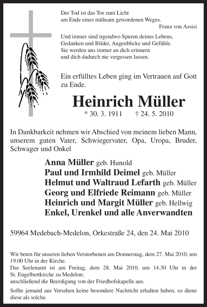  Traueranzeige für Heinrich Müller vom 26.05.2010 aus Tageszeitung