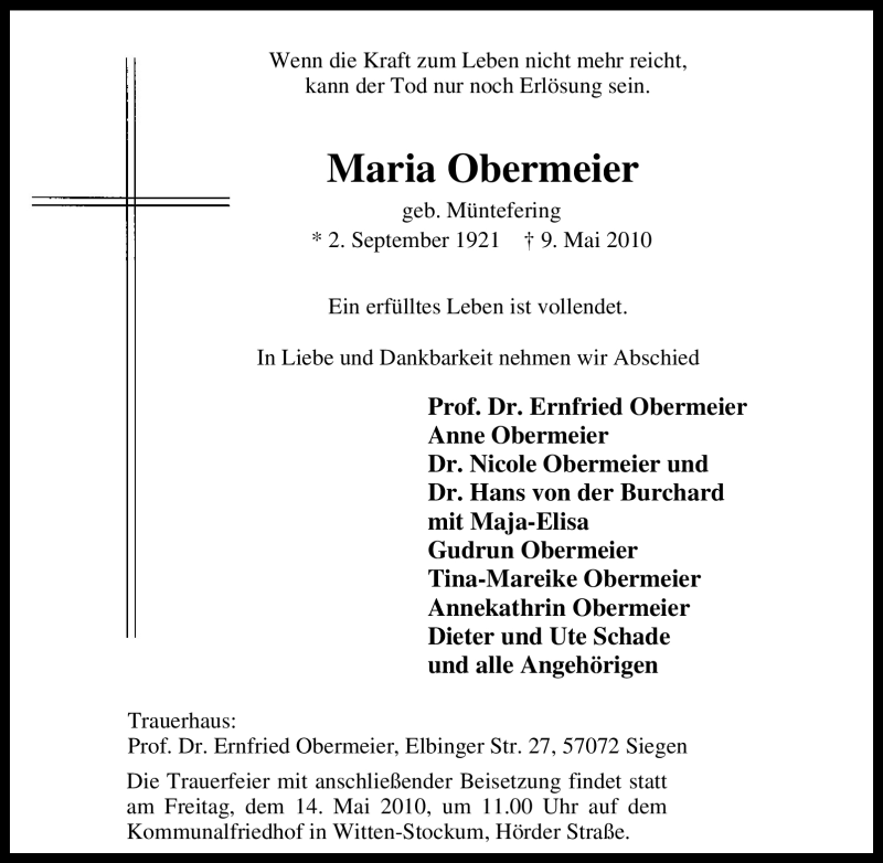 Traueranzeige für Maria Obermeier vom 11.05.2010 aus Tageszeitung