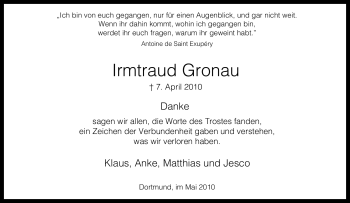 Traueranzeige von Irmtraud Gronau von Tageszeitung