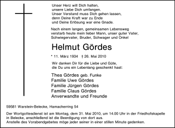 Traueranzeige von Helmut Gördes von Tageszeitung