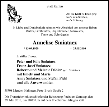 Traueranzeige von Annelise Smiatacz von Tageszeitung