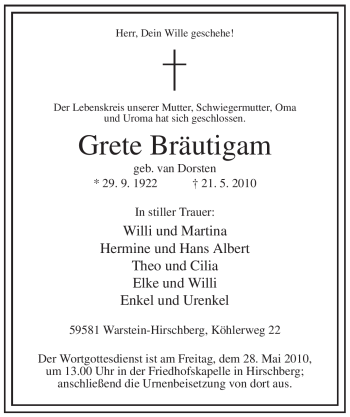 Traueranzeige von Grete Bräutigam von Tageszeitung
