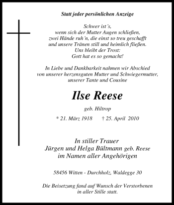 Traueranzeige von Ilse Reese von Tageszeitung