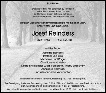 Traueranzeige von Josef Reinders von Tageszeitung