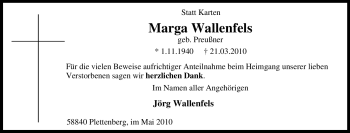 Traueranzeige von Marga Wallenfels von Tageszeitung