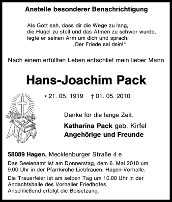 Traueranzeige von Hans-Joachim Pack von Tageszeitung