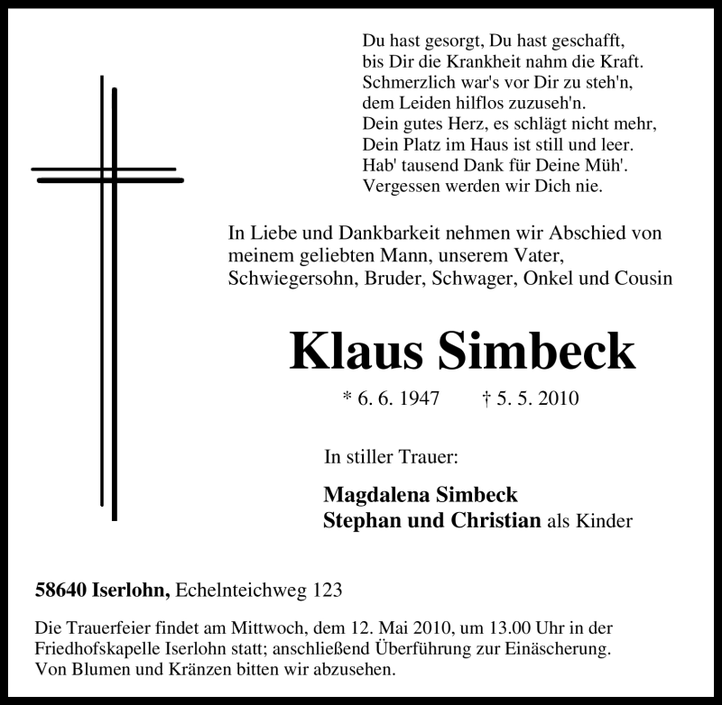  Traueranzeige für Klaus Simbeck vom 08.05.2010 aus Tageszeitung