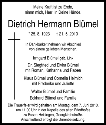 Traueranzeige von Dietrich Hermann Bümel von Tageszeitung