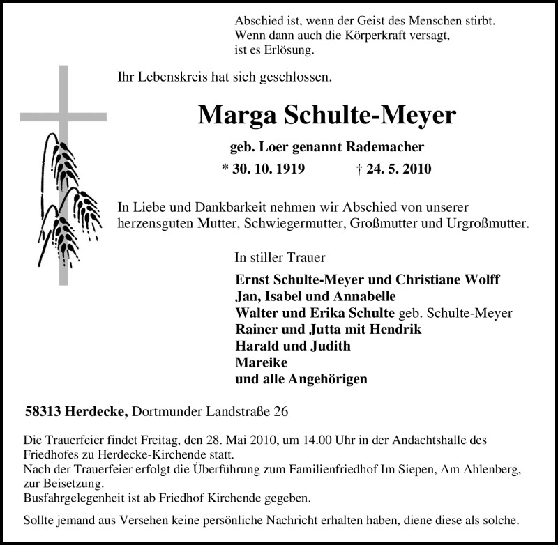  Traueranzeige für Marga Schulte-Meyer vom 26.05.2010 aus Tageszeitung