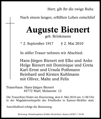 Traueranzeige von Auguste Bienert von Tageszeitung