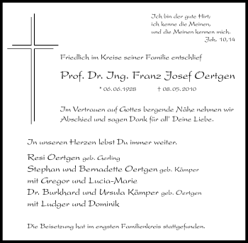 Traueranzeige von Franz Josef Oertgen von Tageszeitung