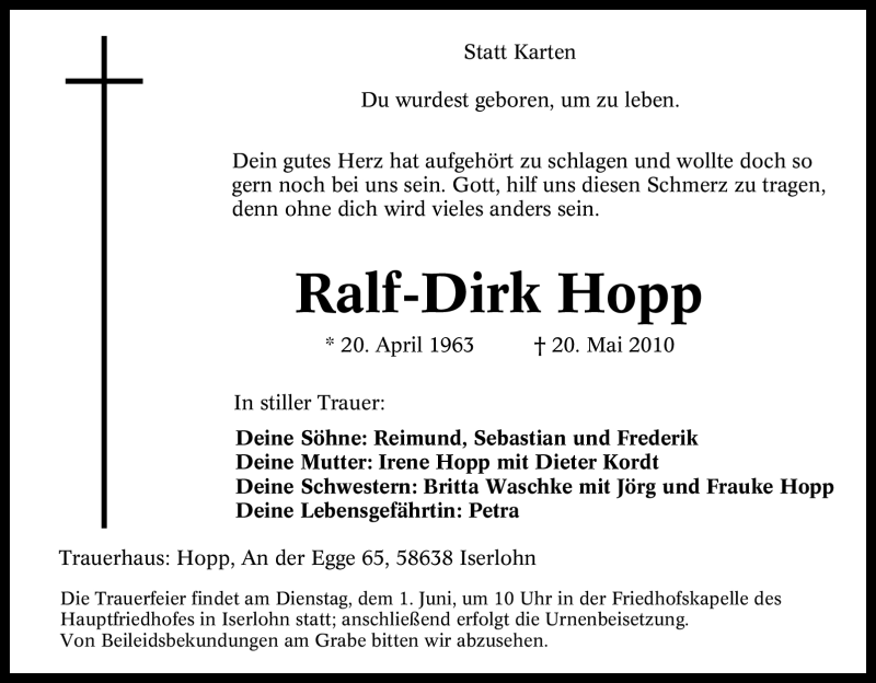  Traueranzeige für Ralf-Dirk Hopp vom 28.05.2010 aus Tageszeitung