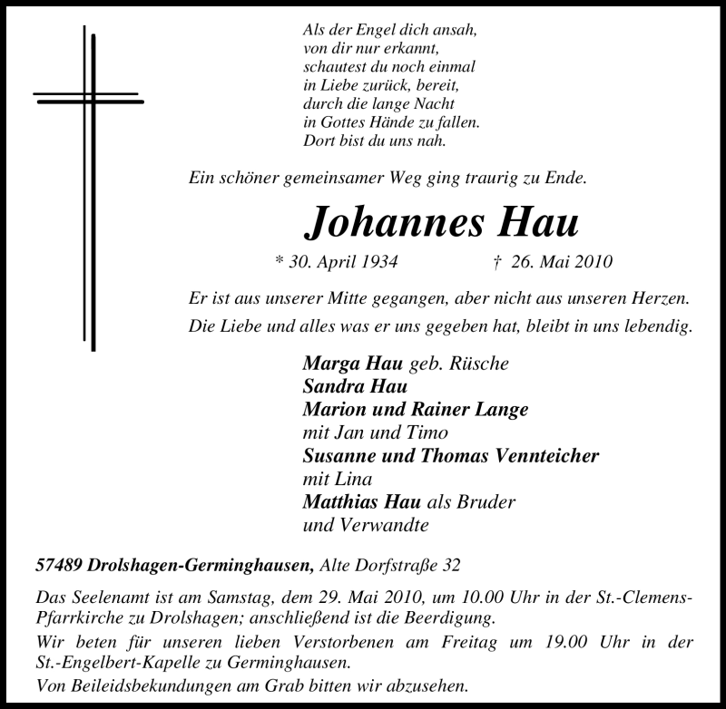  Traueranzeige für Johannes Hau vom 28.05.2010 aus Tageszeitung