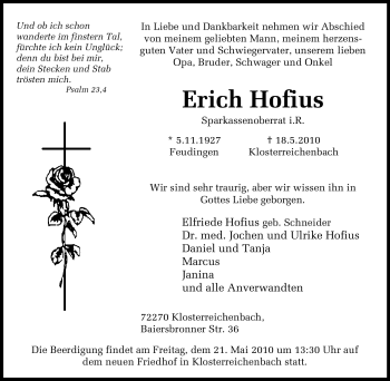 Traueranzeige von Erich Hofius von Tageszeitung