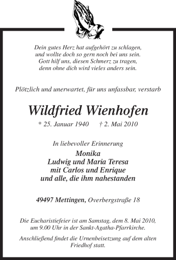 Traueranzeige von Wildfried Wienhofen von Tageszeitung
