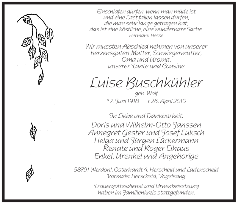  Traueranzeige für Luise Buschkühler vom 03.05.2010 aus Tageszeitung