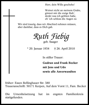 Traueranzeige von Ruth Fiebig von Tageszeitung