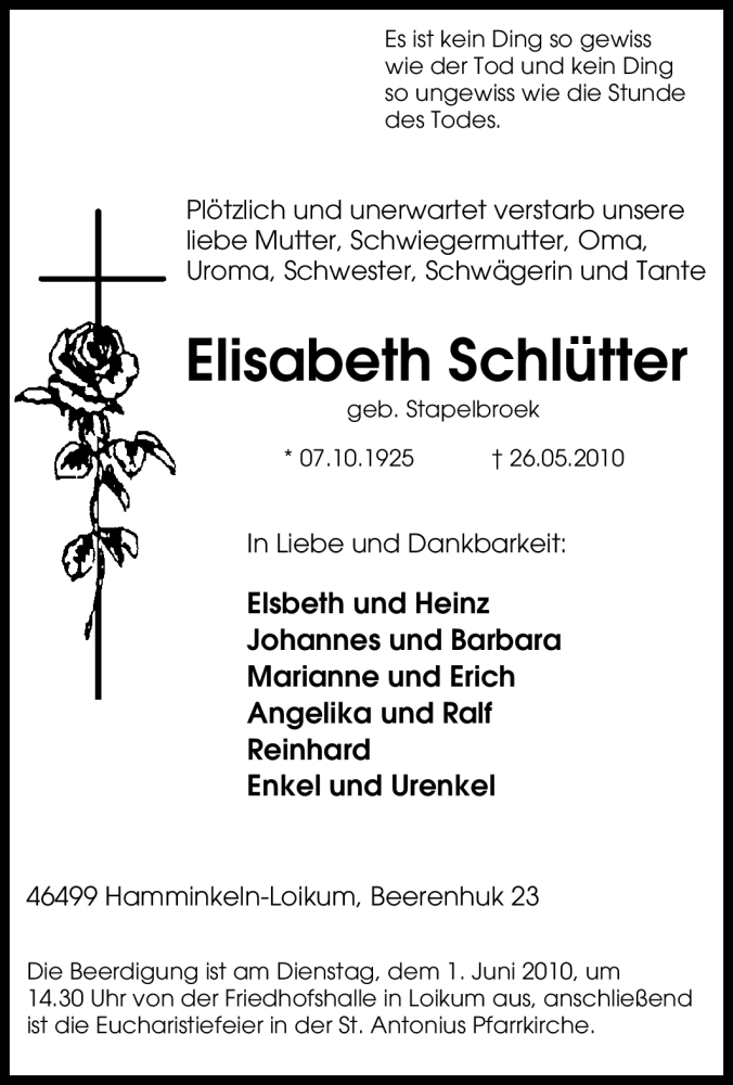  Traueranzeige für Elisabeth Schütter vom 28.05.2010 aus Tageszeitung