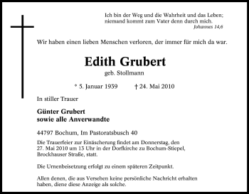 Traueranzeige von Edith Grubert von Tageszeitung