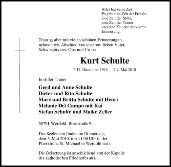 Traueranzeige von Kurt Schulte von Tageszeitung
