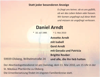 Traueranzeige von Daniel Arndt von Tageszeitung