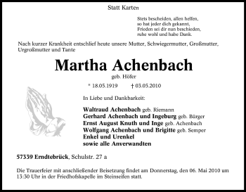 Traueranzeige von Martha Achenbach von Tageszeitung