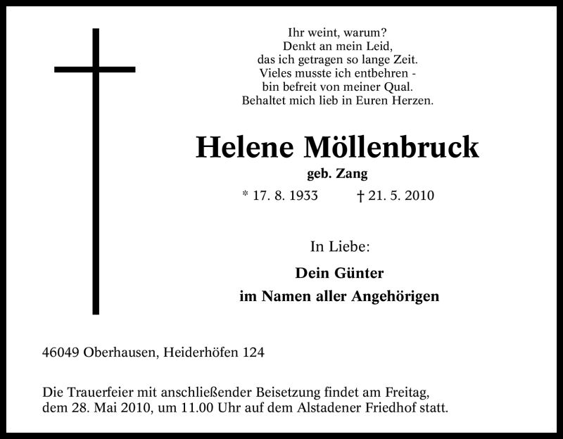  Traueranzeige für Helene Möllenbruck vom 26.05.2010 aus Tageszeitung
