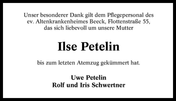 Traueranzeige von Ilse Petelin von Tageszeitung