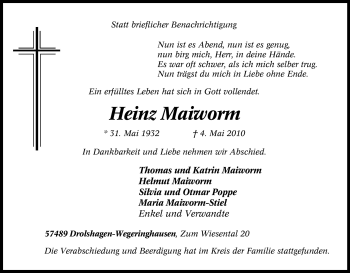 Traueranzeige von Heinz Maiworm von Tageszeitung