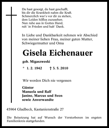 Traueranzeige von Gisela Eichenauer von Tageszeitung