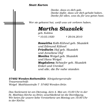 Traueranzeige von Martha Sluzalek von Tageszeitung
