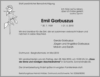 Traueranzeige von Emil Garbuszus von Tageszeitung