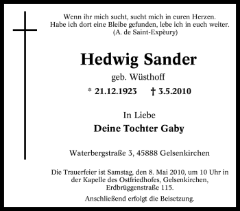 Traueranzeige von Hedwig Sander von Tageszeitung